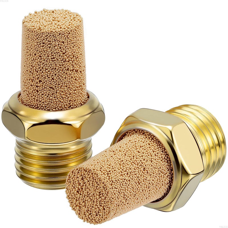 VIILOCK Brass Pneumatic Mufflers, 1/4" NPT Male Thread Hex Sintered Exhaust Muffler Silencer Air Fitting (Pack of 10, N2) - Image 1